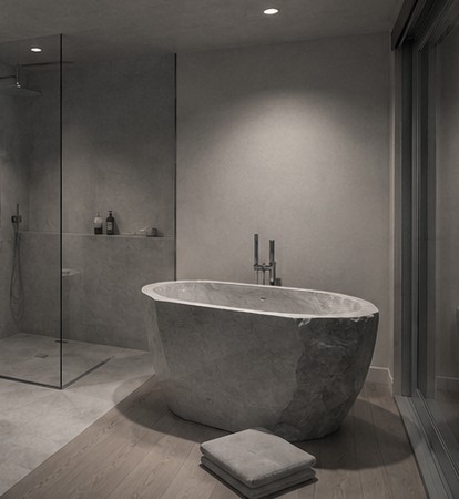 Sculptural stone soaking tub in a spa bathroom with walk-in shower