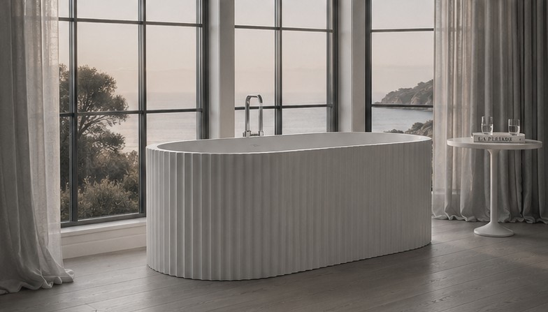 Fluted freestanding tub in front of floor-to-ceiling windows overlooking the sea at sunset