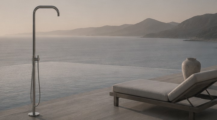 Outdoor freestanding shower fixture on a deck overlooking the sea and mountains at dusk