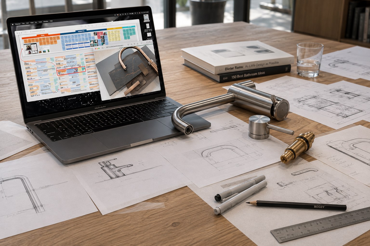 A designer's desk with an open laptop showing research and material boards, surrounded by faucet hardware components, technical sketches, and drafting tools.